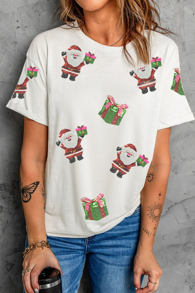 Women's Embellished Santa Graphic T-Shirt in White