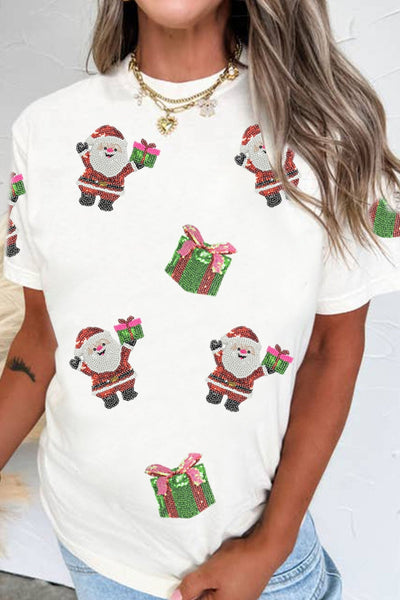 Women's Embellished Santa Graphic T-Shirt in White