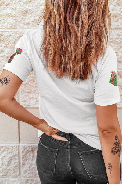 Women's Embellished Santa Graphic T-Shirt in White