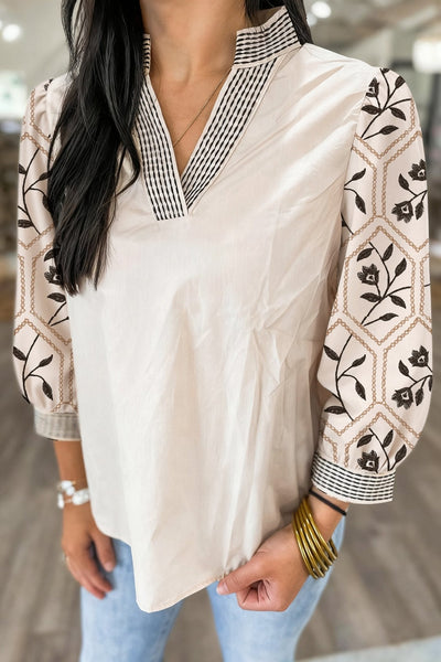 Women's Embroidered Cotton V-Neck Blouse with Contrast Detailing