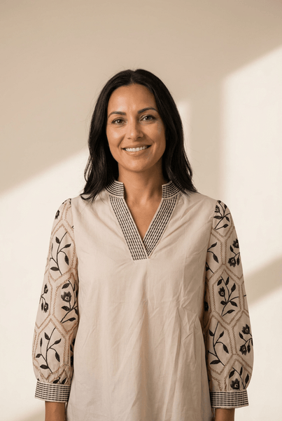 Women's Embroidered Cotton V-Neck Blouse with Contrast Detailing