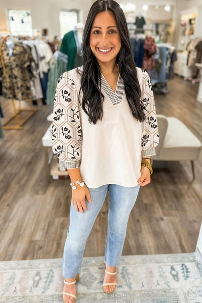 Women's Embroidered Cotton V-Neck Blouse with Contrast Detailing