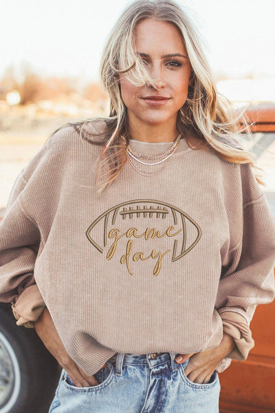 Women's Embroidered Game Day Ribbed Sweatshirt in Apricot