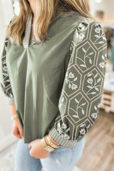 Women's Embroidered Grass Green Cotton Puff Sleeve Blouse
