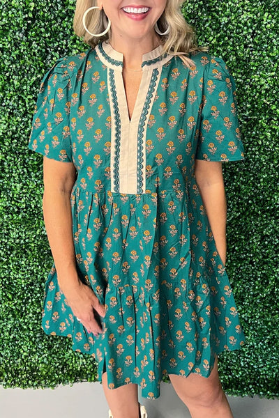 Women's Embroidered Green Cotton Floral Tiered Mini Dress