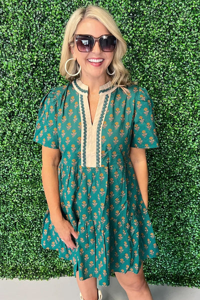 Women's Embroidered Green Cotton Floral Tiered Mini Dress