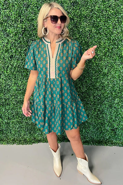 Women's Embroidered Green Cotton Floral Tiered Mini Dress
