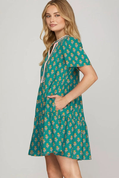 Women's Embroidered Green Cotton Floral Tiered Mini Dress