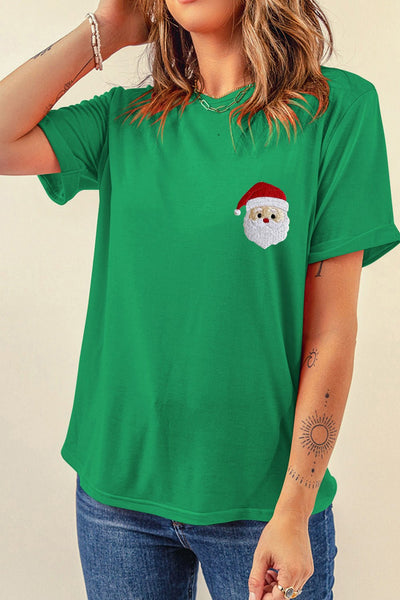 Women's Embroidered Santa Christmas Graphic Tee in Festive Green