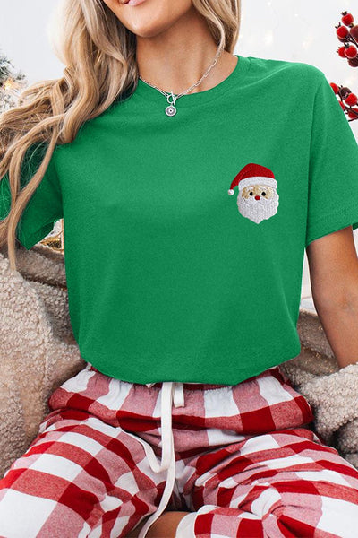 Women's Embroidered Santa Christmas Graphic Tee in Festive Green