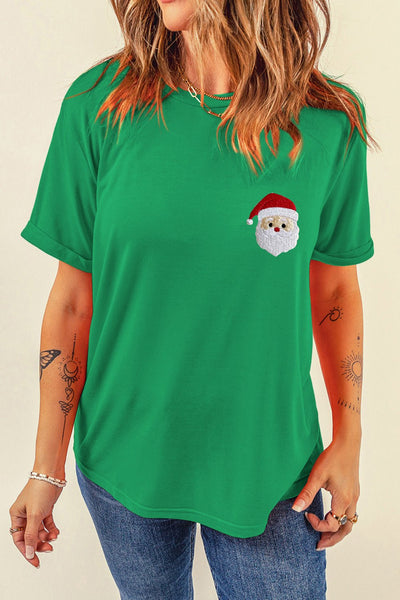 Women's Embroidered Santa Christmas Graphic Tee in Festive Green