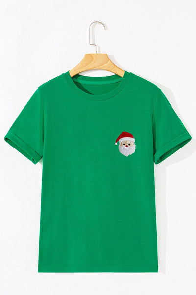 Women's Embroidered Santa Christmas Graphic Tee in Festive Green