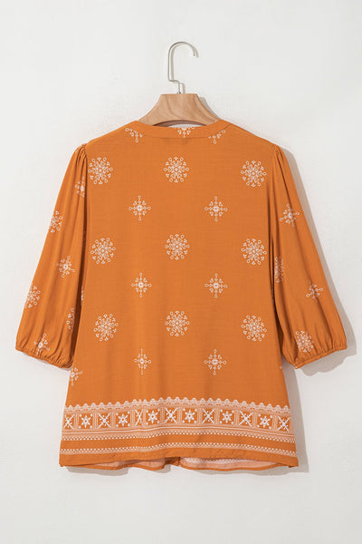 Women's Embroidered V-Neck Viscose Blouse with Puff Half-Sleeves