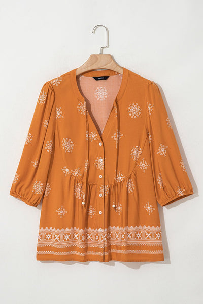 Women's Embroidered V-Neck Viscose Blouse with Puff Half-Sleeves