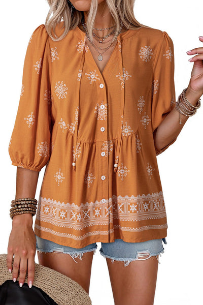 Women's Embroidered V-Neck Viscose Blouse with Puff Half-Sleeves