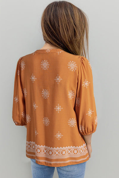 Women's Embroidered V-Neck Viscose Blouse with Puff Half-Sleeves