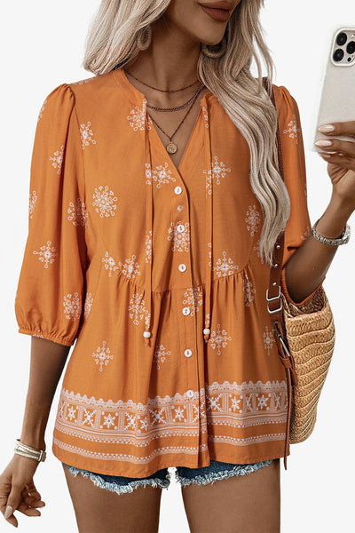 Women's Embroidered V-Neck Viscose Blouse with Puff Half-Sleeves
