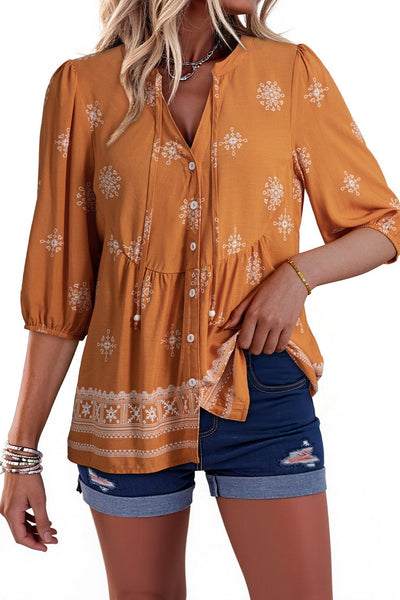 Women's Embroidered V-Neck Viscose Blouse with Puff Half-Sleeves