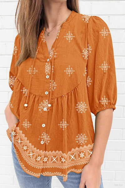 Women's Embroidered V-Neck Viscose Blouse with Puff Half-Sleeves