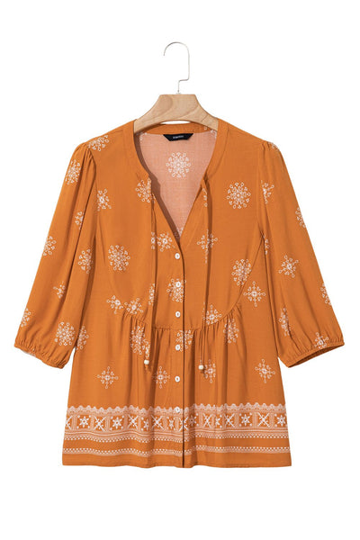 Women's Embroidered V-Neck Viscose Blouse with Puff Half-Sleeves