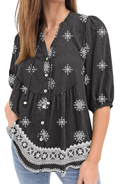 Women's Embroidered Viscose Tie-Neck Blouse with Puff Sleeves