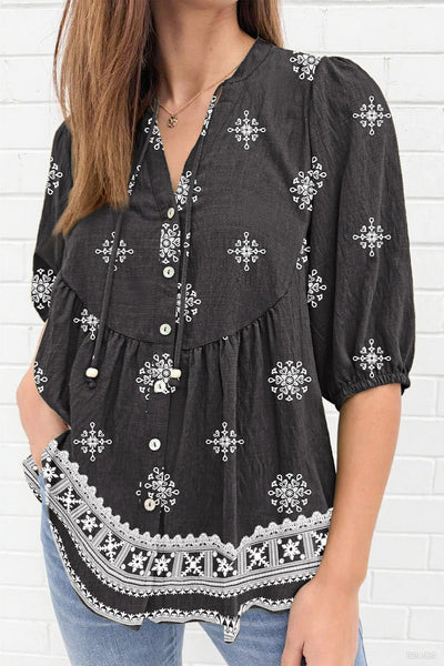 Women's Embroidered Viscose Tie-Neck Blouse with Puff Sleeves