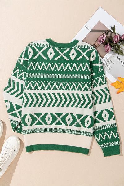 Women's Emerald Green Geometric Intarsia Knit Pullover