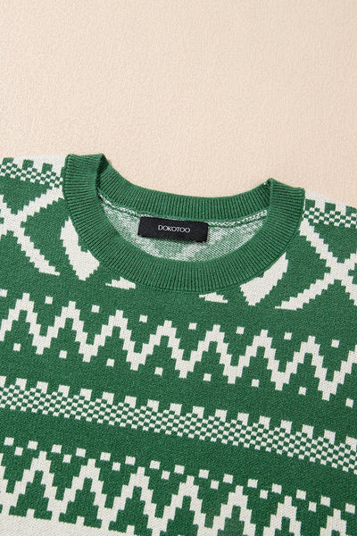 Women's Emerald Green Geometric Intarsia Knit Pullover