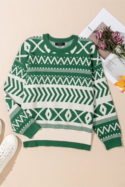 Women's Emerald Green Geometric Intarsia Knit Pullover