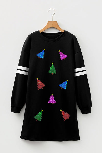 Women's Festive Christmas Tree Rhinestone Sweatshirt Shift Dress