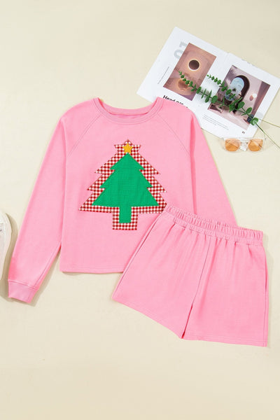 Women's Festive Pink Christmas Tree Sweatshirt and Shorts Set