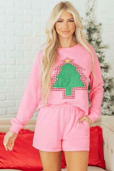 Women's Festive Pink Christmas Tree Sweatshirt and Shorts Set