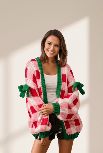 Women's Festive Plaid Oversized Cardigan with Bow Details