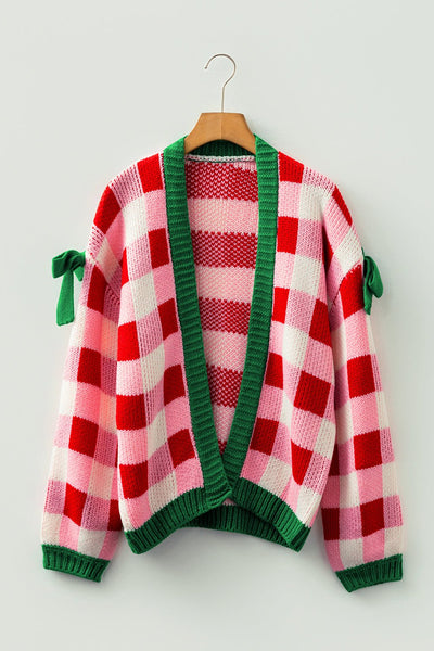 Women's Festive Plaid Oversized Cardigan with Bow Details