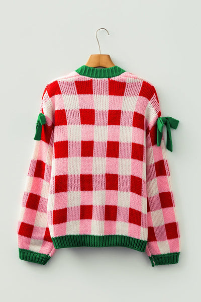 Women's Festive Plaid Oversized Cardigan with Bow Details