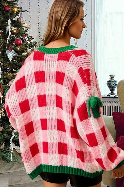 Women's Festive Plaid Oversized Cardigan with Bow Details