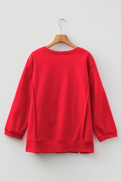 Women's Fiery Red Floral Bow Relaxed Sweatshirt with Exposed Seams