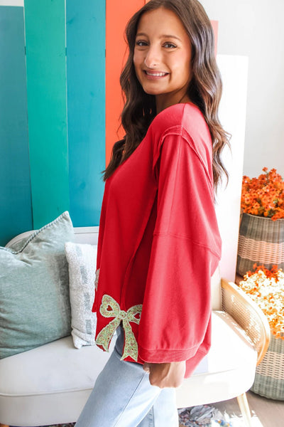Women's Fiery Red Floral Bow Relaxed Sweatshirt with Exposed Seams
