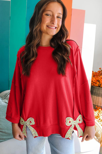 Women's Fiery Red Floral Bow Relaxed Sweatshirt with Exposed Seams