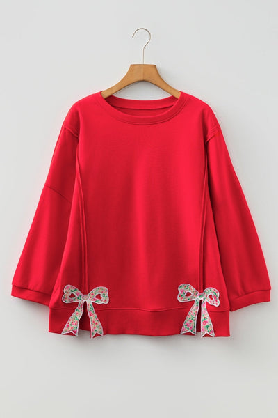 Women's Fiery Red Floral Bow Relaxed Sweatshirt with Exposed Seams