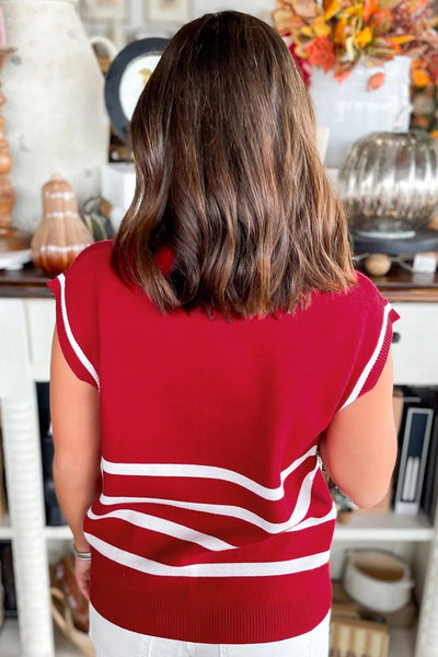 Women's Fiery Red Striped Short Sleeve Quarter Zip Sweater