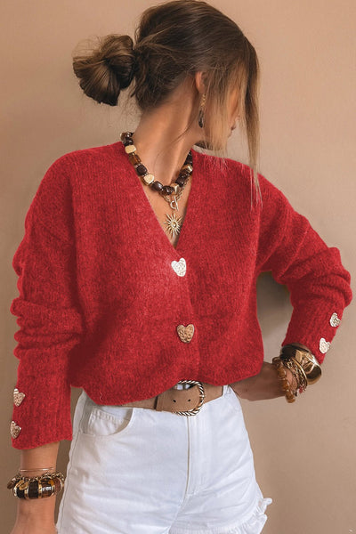 Women's Fiery Red V-Neck Heart Button Cardigan Sweater