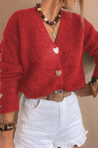 Women's Fiery Red V-Neck Heart Button Cardigan Sweater