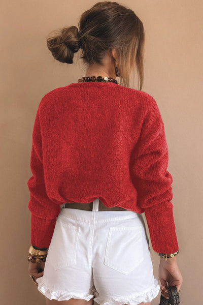 Women's Fiery Red V-Neck Heart Button Cardigan Sweater
