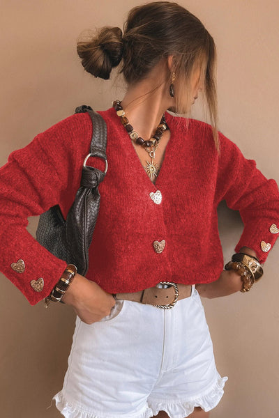Women's Fiery Red V-Neck Heart Button Cardigan Sweater