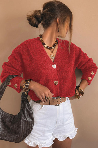 Women's Fiery Red V-Neck Heart Button Cardigan Sweater