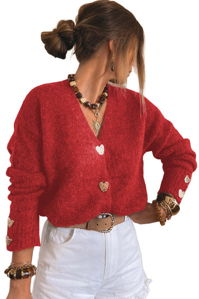 Women's Fiery Red V-Neck Heart Button Cardigan Sweater