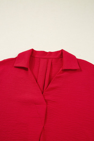Women's Fiery Red V-Neck Smocked Cuff Blouse with Relaxed Fit
