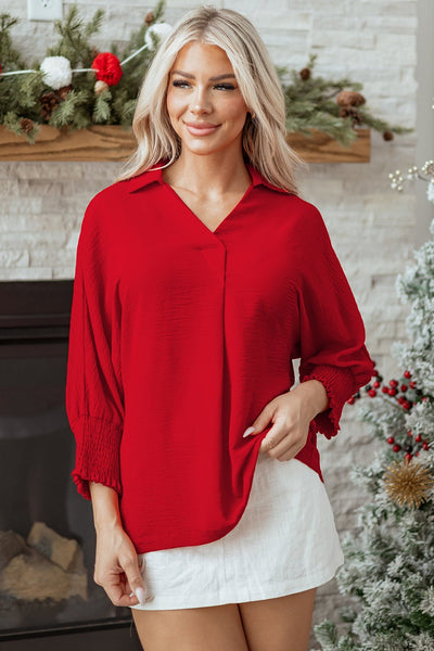 Women's Fiery Red V-Neck Smocked Cuff Blouse with Relaxed Fit