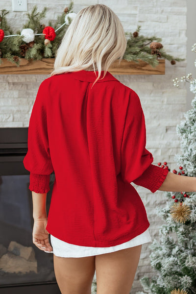 Women's Fiery Red V-Neck Smocked Cuff Blouse with Relaxed Fit